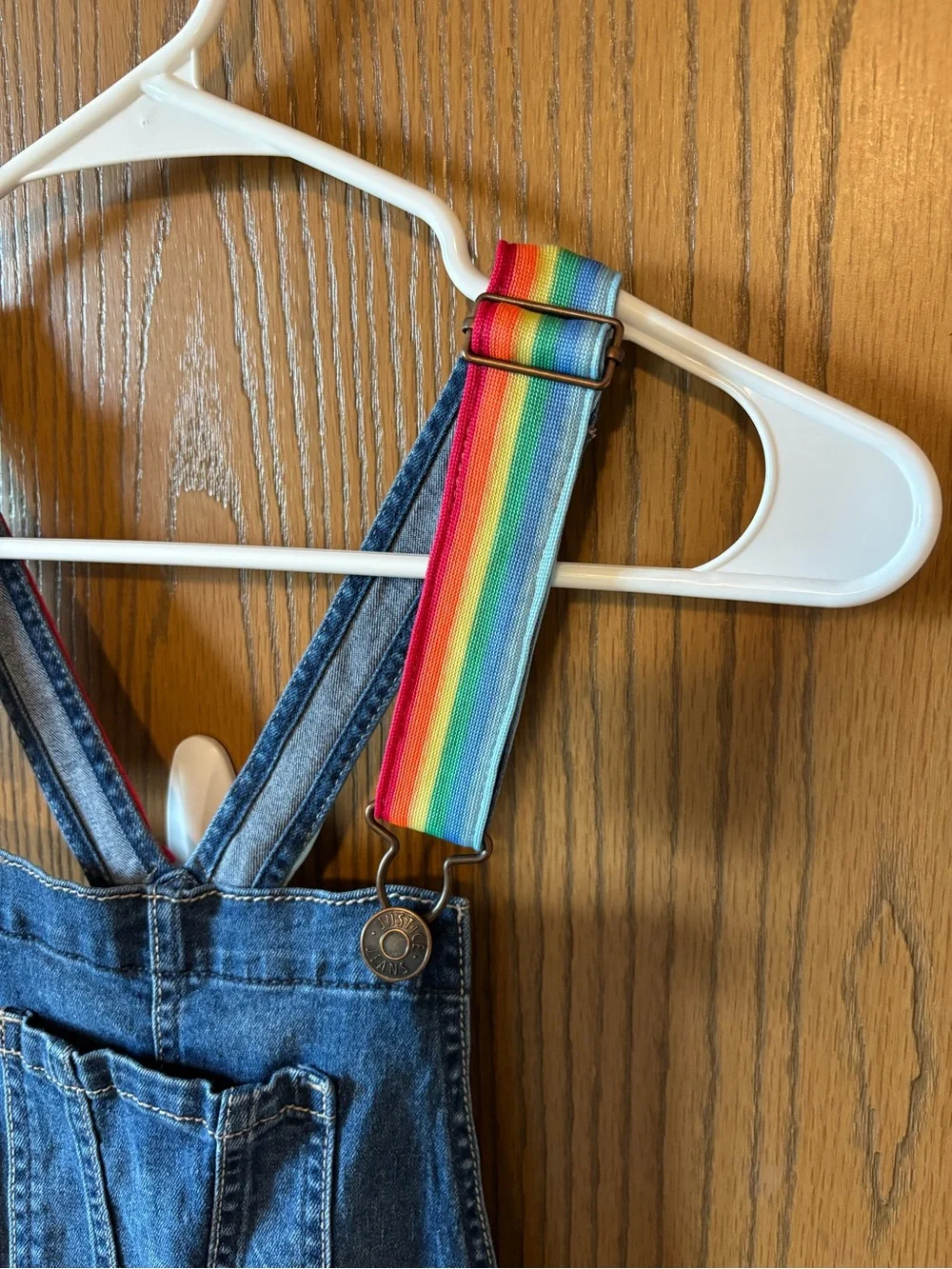 Justice Denim Short Overalls with Rainbow Straps - Blue Jean Shortalls 14